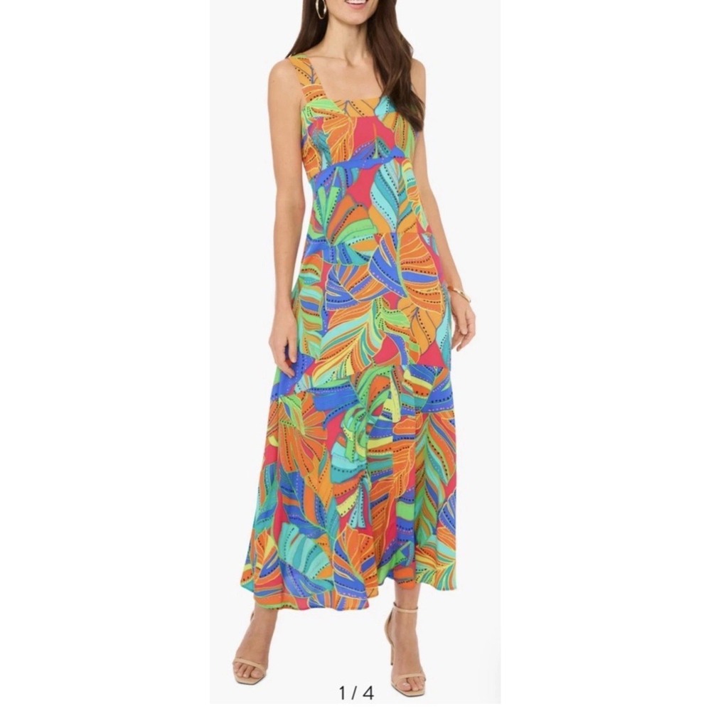 1.State Nordstrom Tropical Neon Floral Leaf Tiered Maxi Dress Beachy Vacay L B10